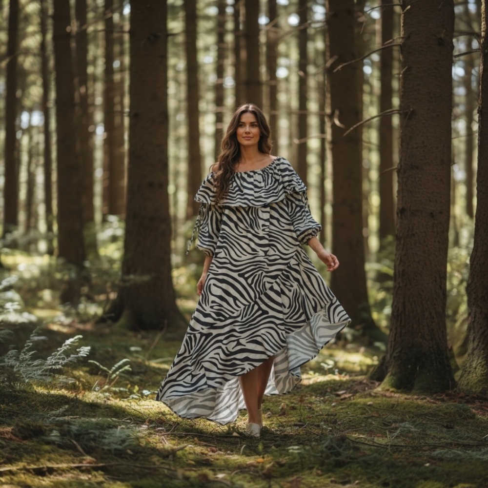 S.DEER Zebra Print Off-Shoulder Maxi Dress, Flowy, Ruffle Sleeves Chic -NWT